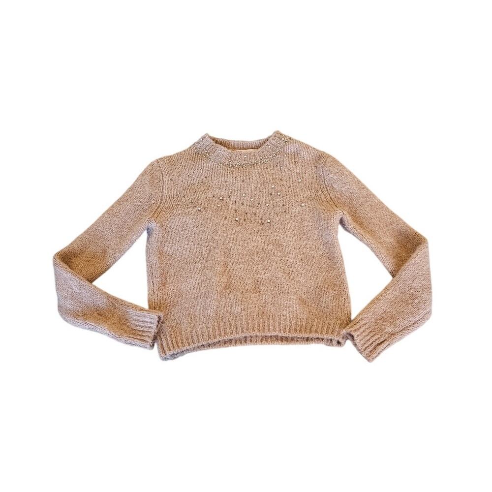 ZARA Taupe Rhinestone Fuzzy Knit Sweater Size Medium Embellished Crewneck